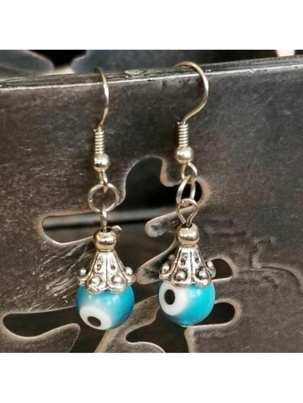 Evil Eye Turquoise Lampwork Glass Protective Talisman Dangle Earrings